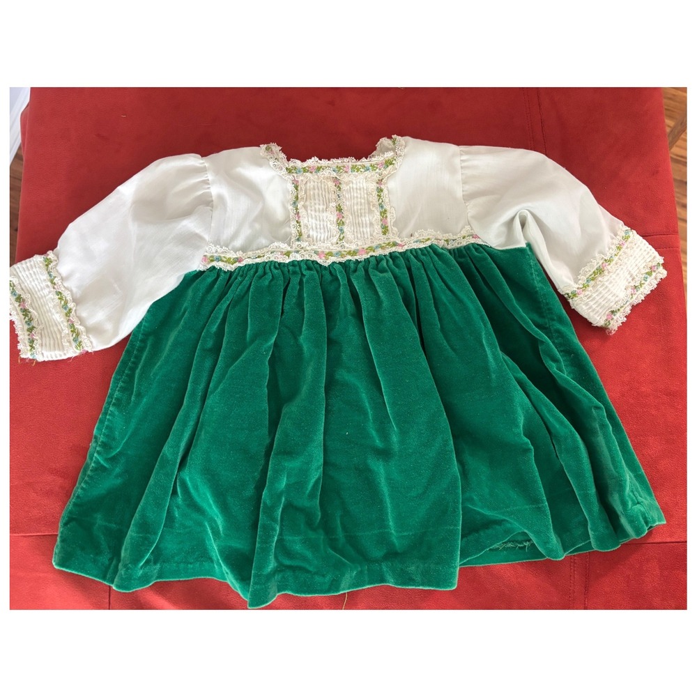 Vtg 70s Toddle Tyke Green Velvet White Lace Floral Embroidered Baby Dress 6 Mo